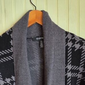 Ellen Tracy Cardigan Sweater Womens‎ Large Gray Plaid Open Front Pockets Knit
